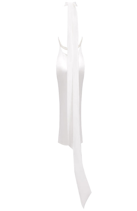 Halter Pearl Detail Backless Maxi Dress White
