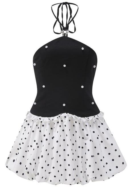 Halter Pearl Polka Dots Puff Dress Black White