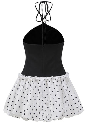 Halter Pearl Polka Dots Puff Dress Black White