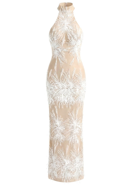 Halter Pearl Sequin Embellished Maxi Dress Nude