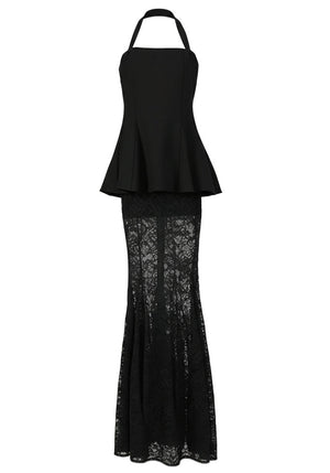 Halter Peplum Lace Two Piece Maxi Dress Black