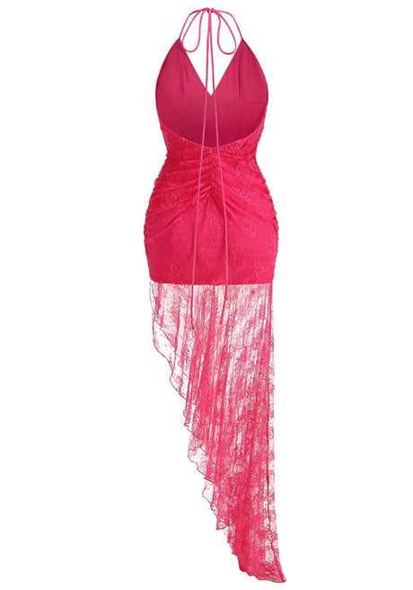 Halter Ruched Asymmetric Lace Maxi Dress Hot Pink