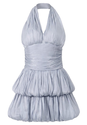 Halter Ruched Bubble Dress Light Blue