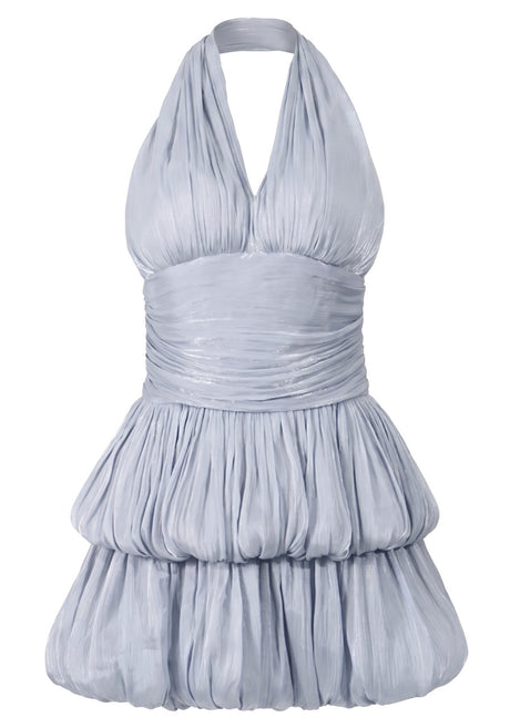 Halter Ruched Bubble Dress Light Blue