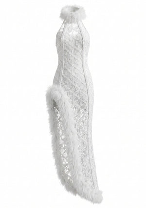 Halter Mesh Ruffle Lace Maxi Dress White