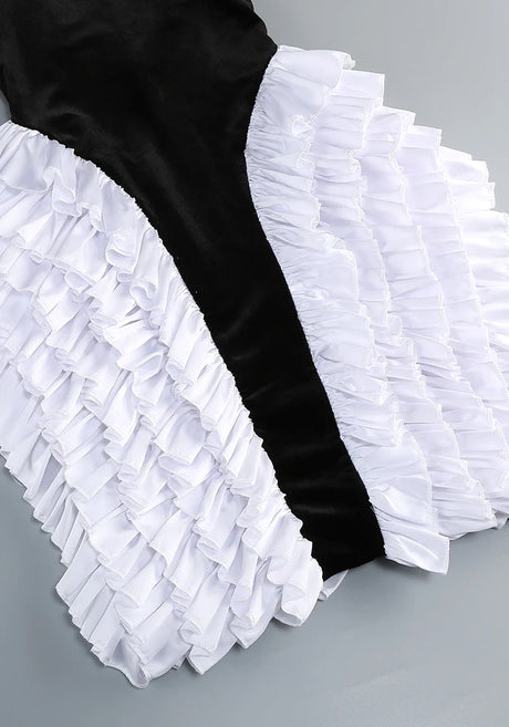 Halter Ruffle Velvet Midi Dress Black White
