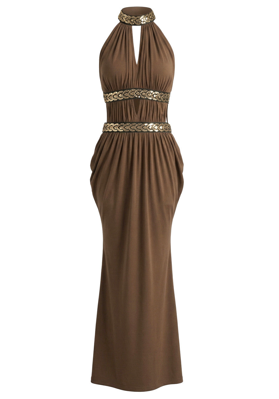 Halter Sequin Detail Draped Maxi Dress Brown
