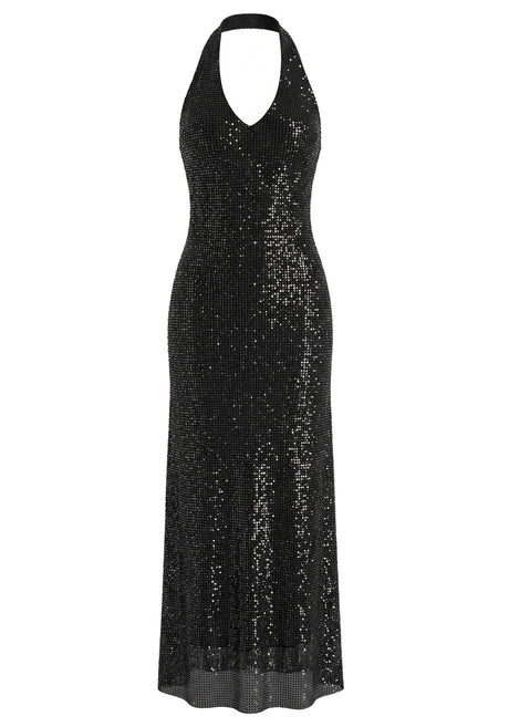 Halter Sparkly A Line Midi Dress Black