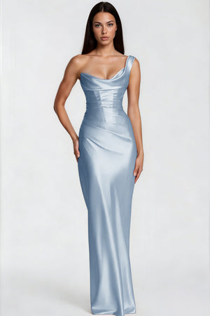 Aurohaya Hannah Blue One Shoulder Satin Maxi Dress