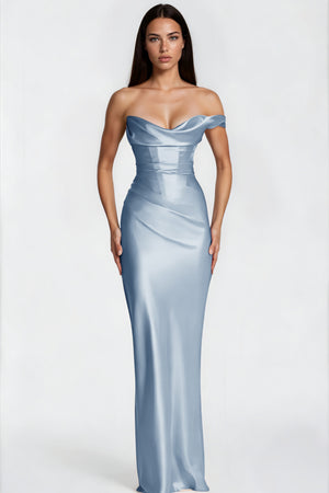 Aurohaya Hannah Blue One Shoulder Satin Maxi Dress