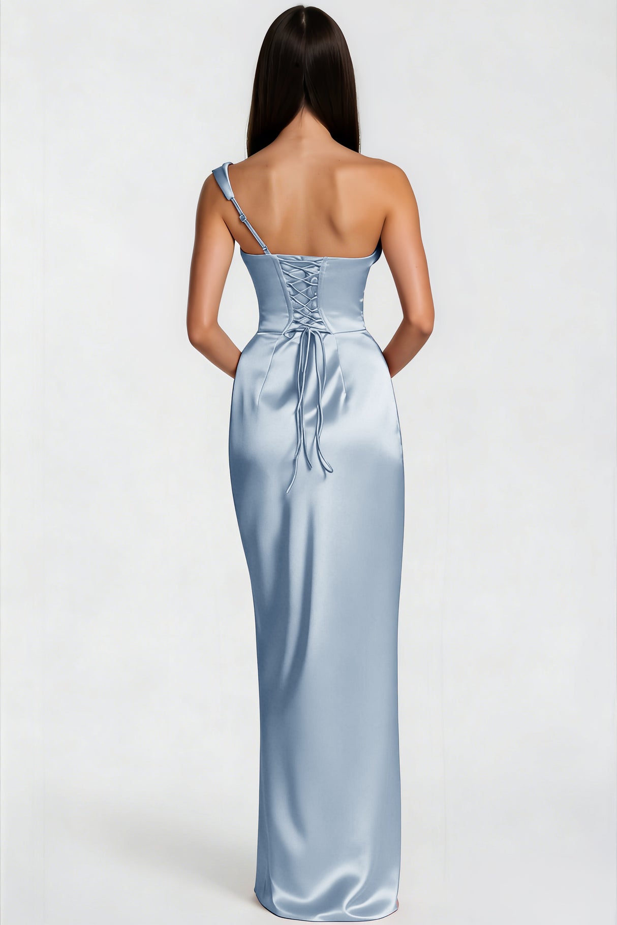 Aurohaya Hannah Blue One Shoulder Satin Maxi Dress