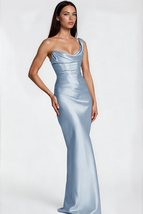 Aurohaya Hannah Blue One Shoulder Satin Maxi Dress