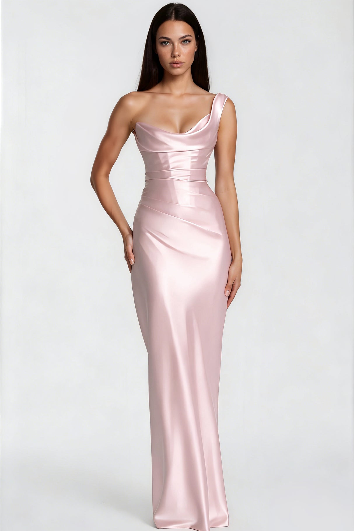 Aurohaya Hannah Pink One Shoulder Satin Maxi Dress