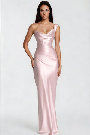 Aurohaya Hannah Pink One Shoulder Satin Maxi Dress