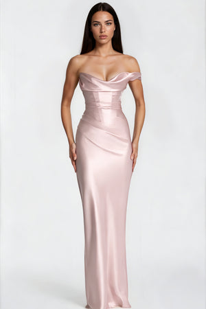 Aurohaya Hannah Pink One Shoulder Satin Maxi Dress