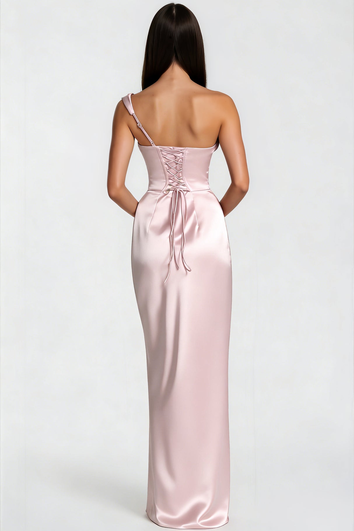 Aurohaya Hannah Pink One Shoulder Satin Maxi Dress