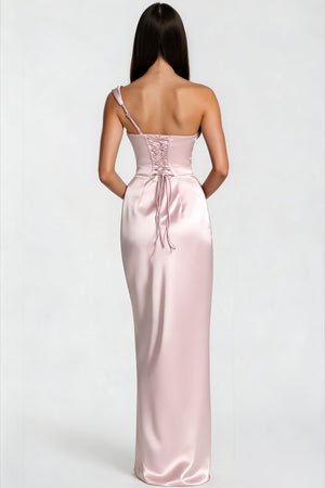 Aurohaya Hannah Pink One Shoulder Satin Maxi Dress