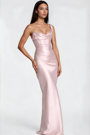 Aurohaya Hannah Pink One Shoulder Satin Maxi Dress