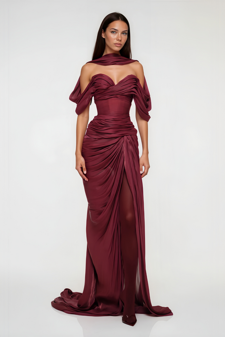 Aurohaya Hazel Burgundy Asymmetrical Draped Maxi Dress