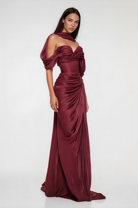 Aurohaya Hazel Burgundy Asymmetrical Draped Maxi Dress