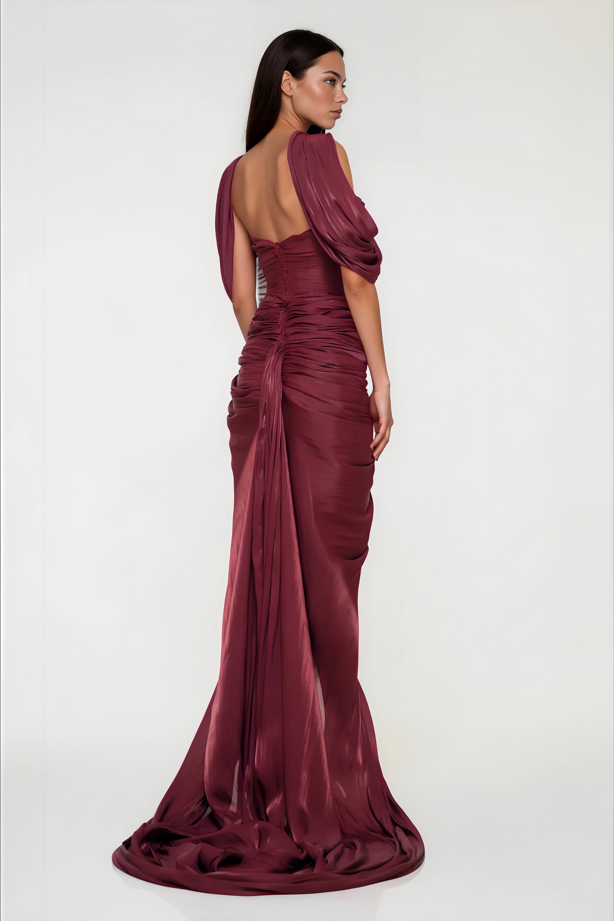 Aurohaya Hazel Burgundy Asymmetrical Draped Maxi Dress