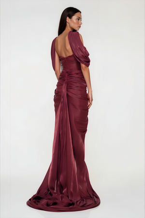 Aurohaya Hazel Burgundy Asymmetrical Draped Maxi Dress