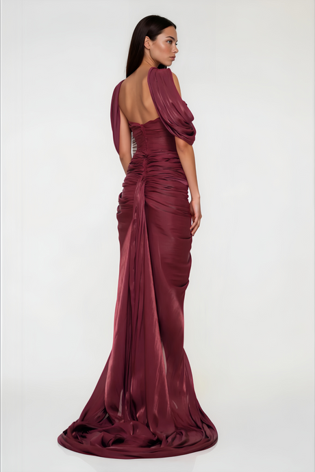 Aurohaya Hazel Burgundy Asymmetrical Draped Maxi Dress