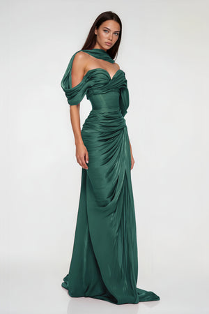 Aurohaya Hazel Green Asymmetrical Draped Maxi Dress