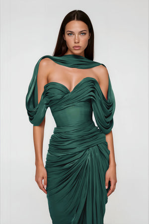 Aurohaya Hazel Green Asymmetrical Draped Maxi Dress