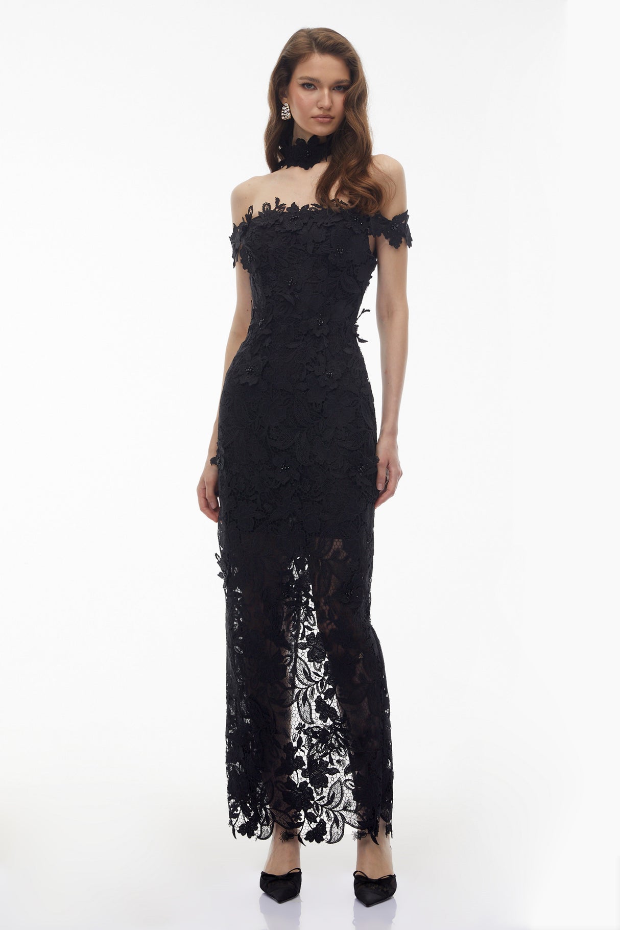 Aurohaya Hecate Black Beaded Lace Maxi Dress with 3D Florals