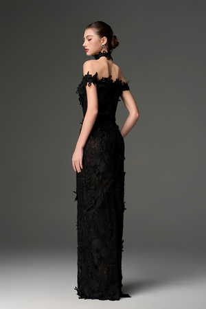 Aurohaya Hecate Black Beaded Lace Maxi Dress with 3D Florals