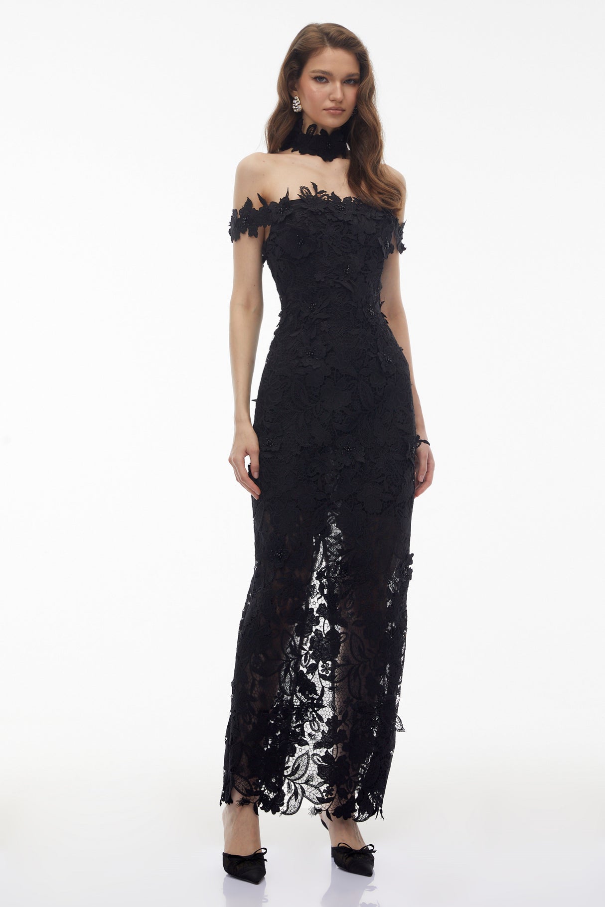 Aurohaya Hecate Black Beaded Lace Maxi Dress with 3D Florals