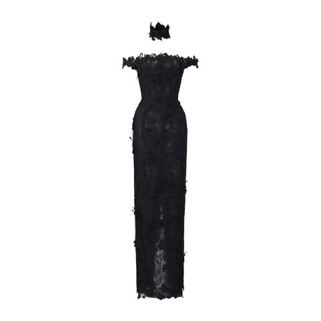 Aurohaya Hecate Black Beaded Lace Maxi Dress with 3D Florals