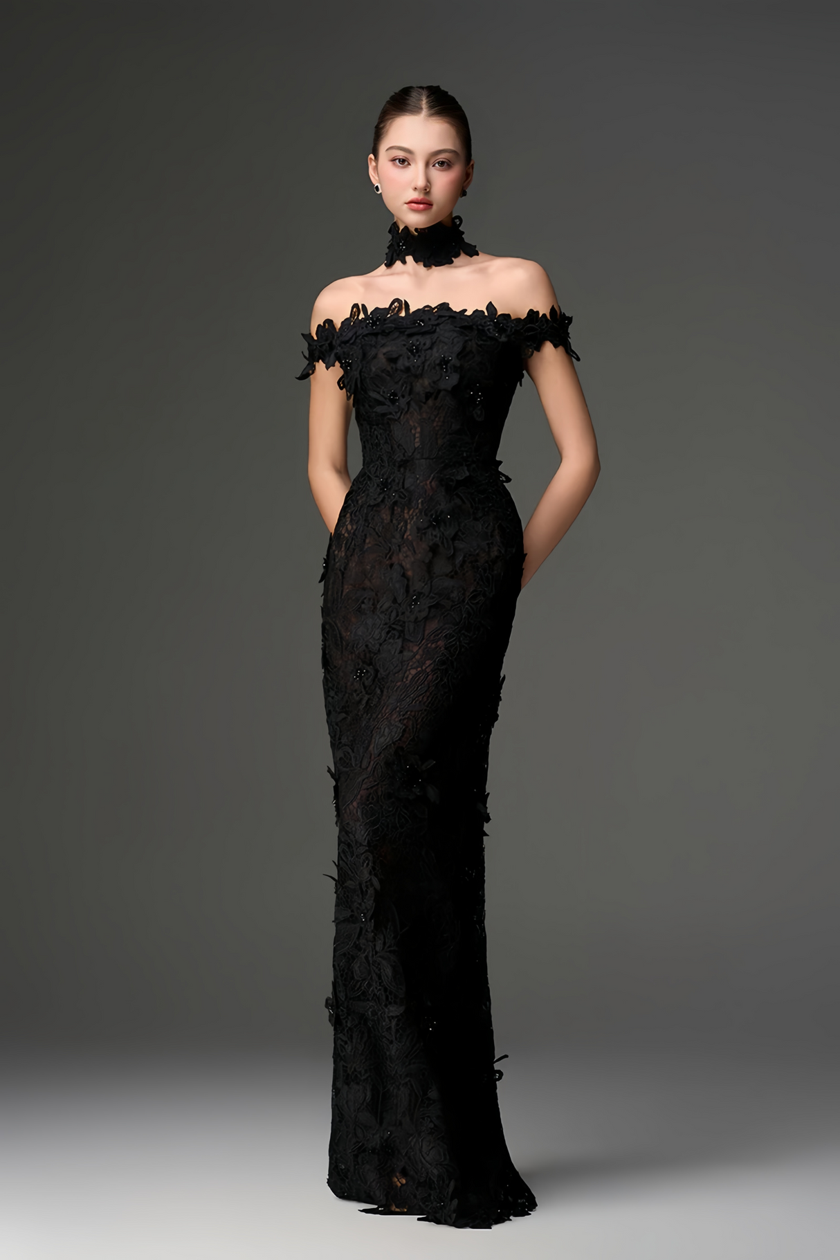 Aurohaya Hecate Black Beaded Lace Maxi Dress with 3D Florals