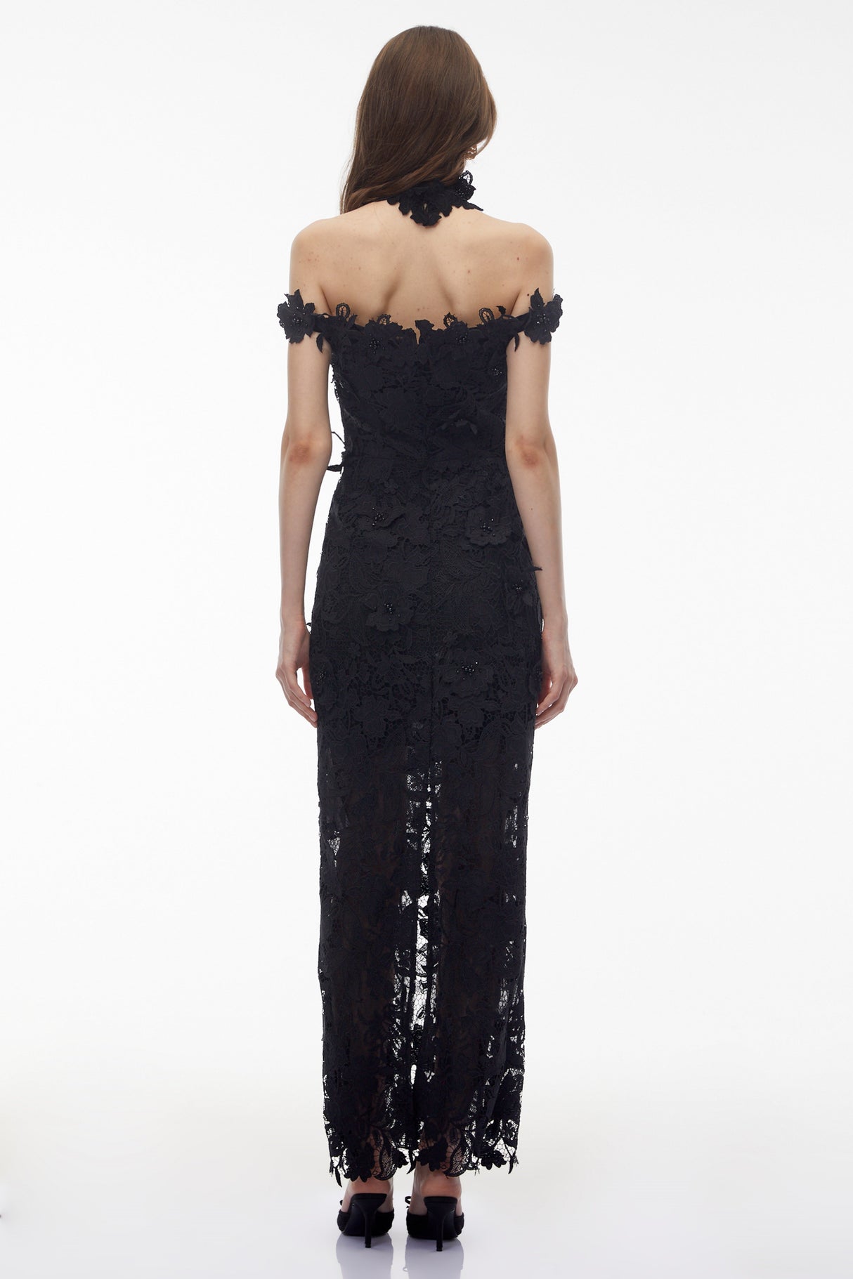 Aurohaya Hecate Black Beaded Lace Maxi Dress with 3D Florals