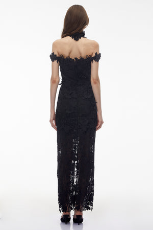 Aurohaya Hecate Black Beaded Lace Maxi Dress with 3D Florals