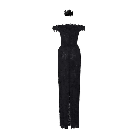 Aurohaya Hecate Black Beaded Lace Maxi Dress with 3D Florals