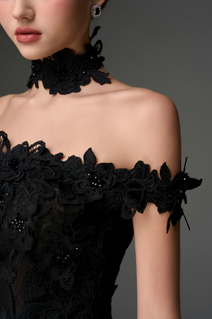 Aurohaya Hecate Black Beaded Lace Maxi Dress with 3D Florals
