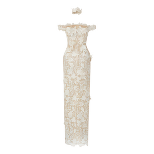 Aurohaya Hecate White Beaded Lace Maxi Dress with 3D Florals