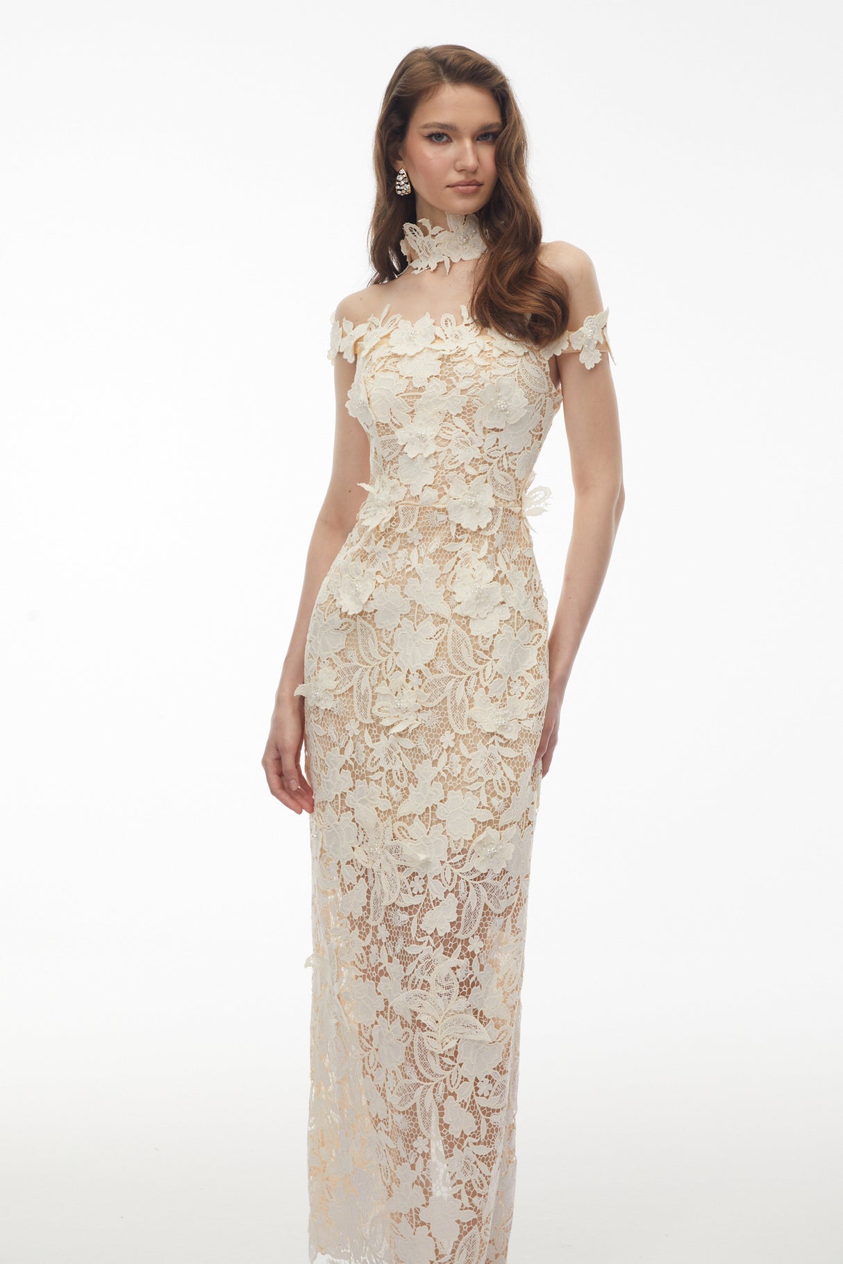 Aurohaya Hecate White Beaded Lace Maxi Dress with 3D Florals
