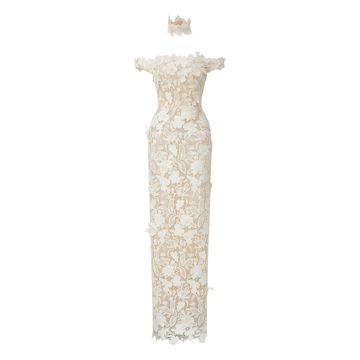 Aurohaya Hecate White Beaded Lace Maxi Dress with 3D Florals