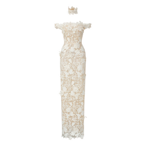Aurohaya Hecate White Beaded Lace Maxi Dress with 3D Florals