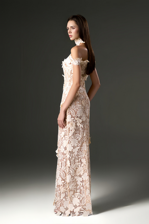 Aurohaya Hecate White Beaded Lace Maxi Dress with 3D Florals