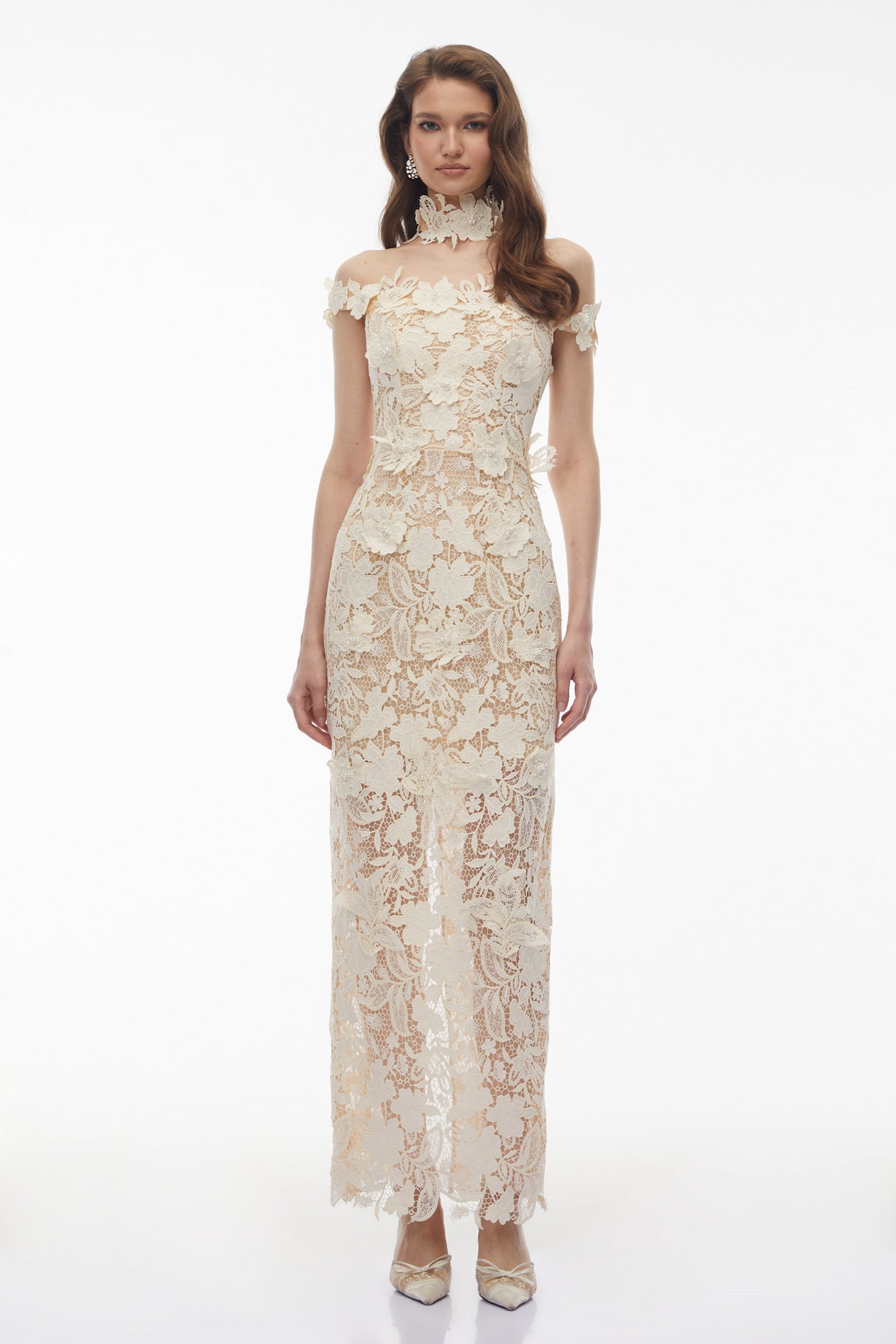Aurohaya Hecate White Beaded Lace Maxi Dress with 3D Florals