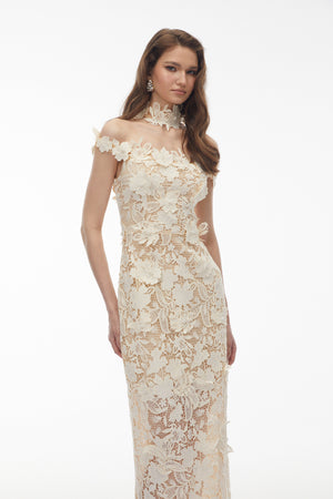 Aurohaya Hecate White Beaded Lace Maxi Dress with 3D Florals