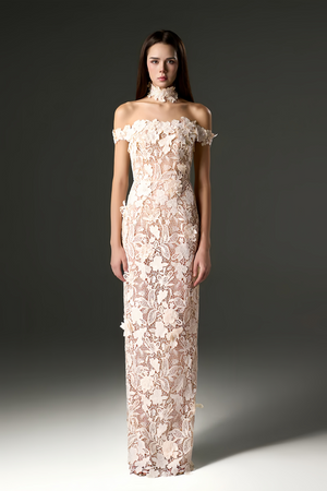 Aurohaya Hecate White Beaded Lace Maxi Dress with 3D Florals