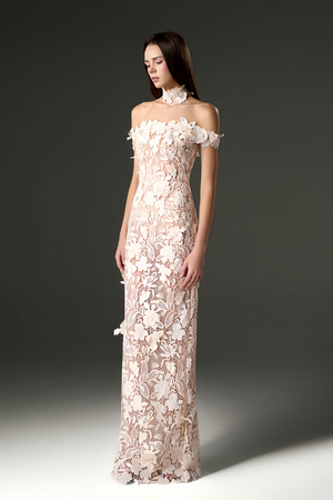 Aurohaya Hecate White Beaded Lace Maxi Dress with 3D Florals