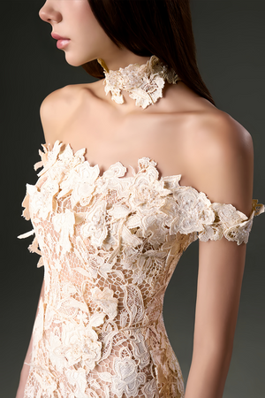 Aurohaya Hecate White Beaded Lace Maxi Dress with 3D Florals