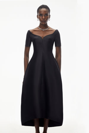 Aurohaya Heidi Black Plunge Neck Asymmetrical Midi Dress