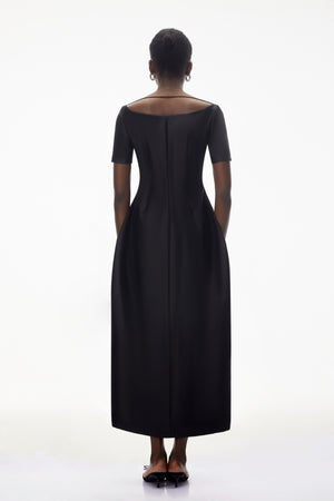 Aurohaya Heidi Black Plunge Neck Asymmetrical Midi Dress